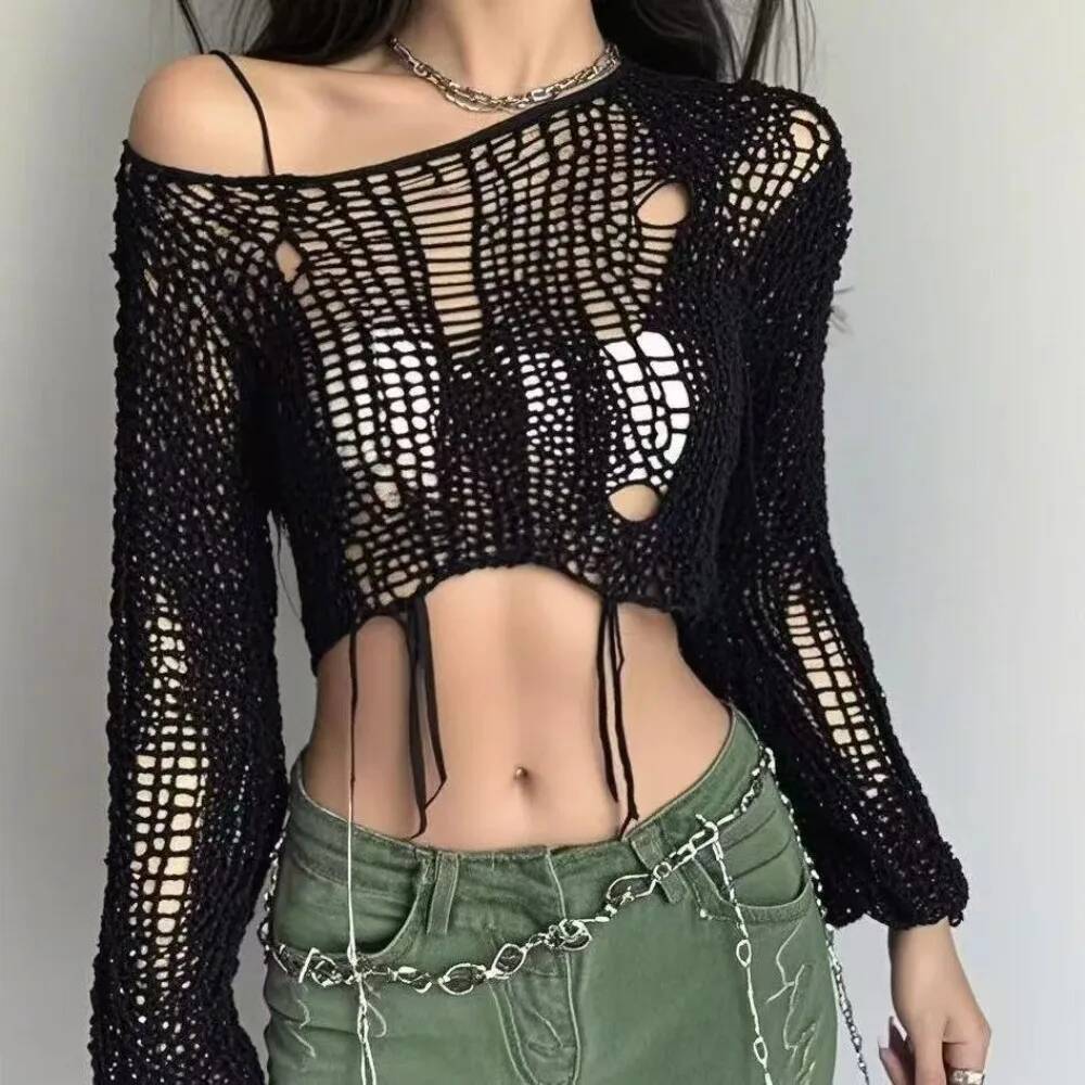 Sexy White Slash Neck Grunge Knitted Women's Sweater Hole Ripped Pullover Crop Top Haruku Hollow Out Fashion Summer Jumpers dongdumaoyi