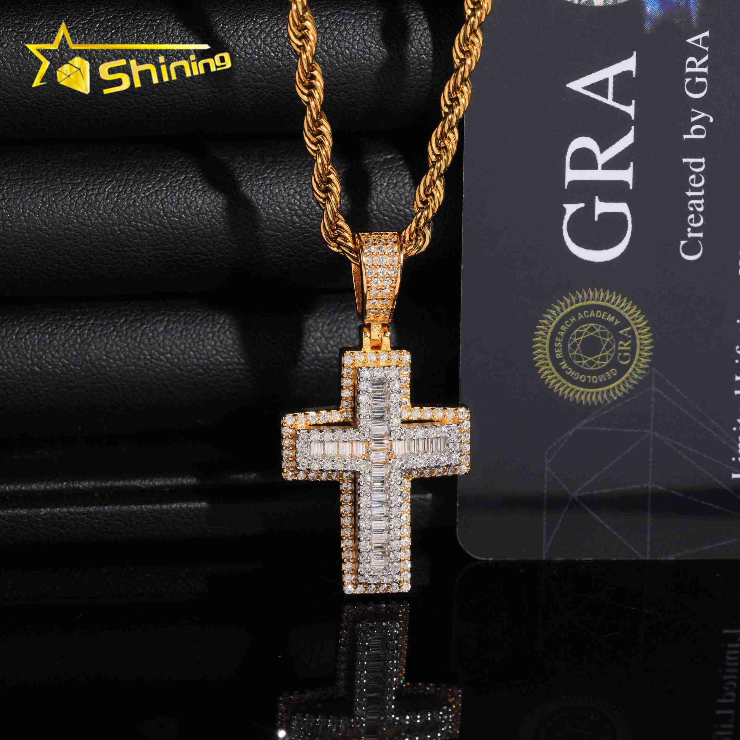New Design Pass Diamond Tester Fashion Hip Hop Pendant Jewelry 925 Silver VVS Baguette Moissanite Diamond Cross Pendant Necklace