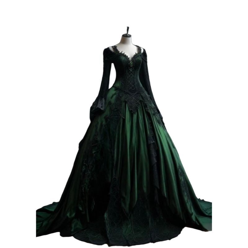 Gothic Black And Dark Green Evening Dresses Vintage Bridal Gowns Lace Appliques Long Sleeves Corset Special Occasion Dress