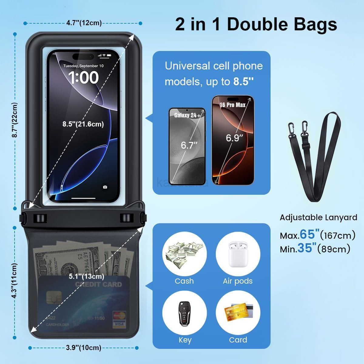 Up to 85 Waterproof Phone Pouch Floating Double Bags Waterproof Phone Case with Lanyard for iPhone 16 15 Pro Max S25 S24 Ultra IPX8 Cellphone Dry Bag 