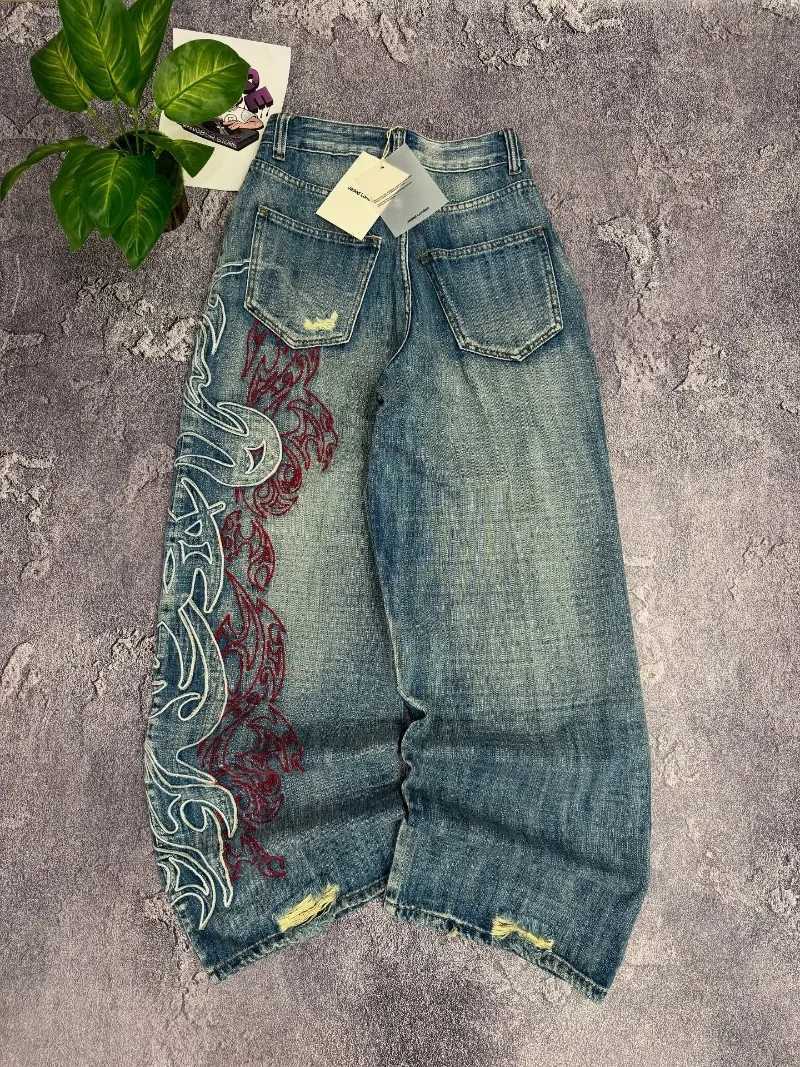 2025 American New Vintage Pop Pattern Embroidered Loose Jeans Women Y2K Fashion Gothic Straight Casual High Waist Wide Leg Pants Z250910