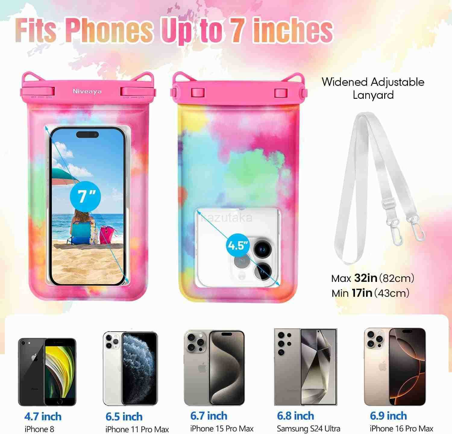 Niveaya Tie Dye Floating Waterproof Phone Pouch 2 Pack Universal Waterproof Phone Case Up to 7Phone Dry Bags with Adjustable Lanyard for Vacation Beac
