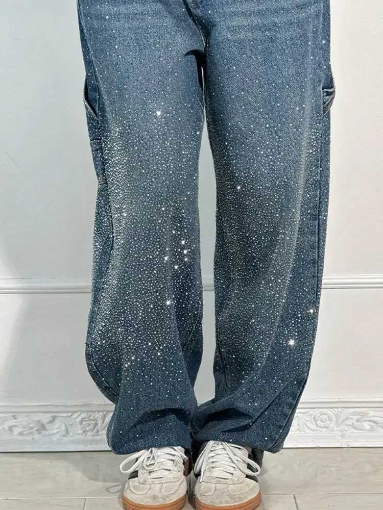 Shiny Rhinestone Baggy Womens Wide Leg Jeans Full Wide Leg Dragging Denim Pants Vintage Washed Pants Casual Trousers Z250910