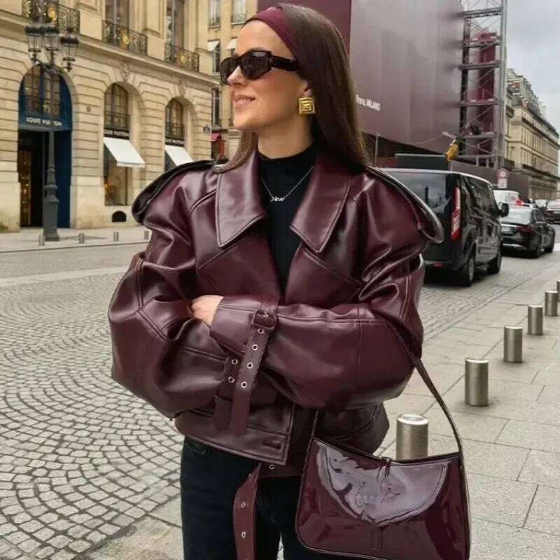 Designer Clothing 2025 Casual Street Leather Jacket Women Solid Lapel Long Sleeved Belt Crop Female Coats 2025 Autumn Y2k Fashion Loose Pu Outwear Lad