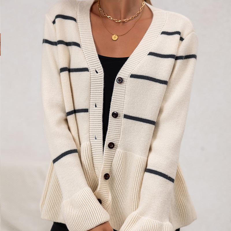 design 2025 New V-neck Striped Loose Knitted Long Sleeve Sweater Autumn/Winter Open Knitted Woolen Sweater Designer Women's Fashion