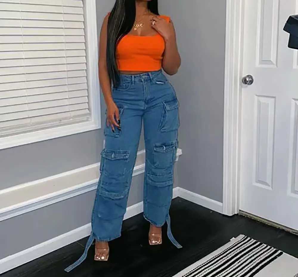 Europe and The United States Highwaisted Multipocket Long Jeans Womens Spring and Autumn New Trend Loose Splice Cargo Jeans Z250910