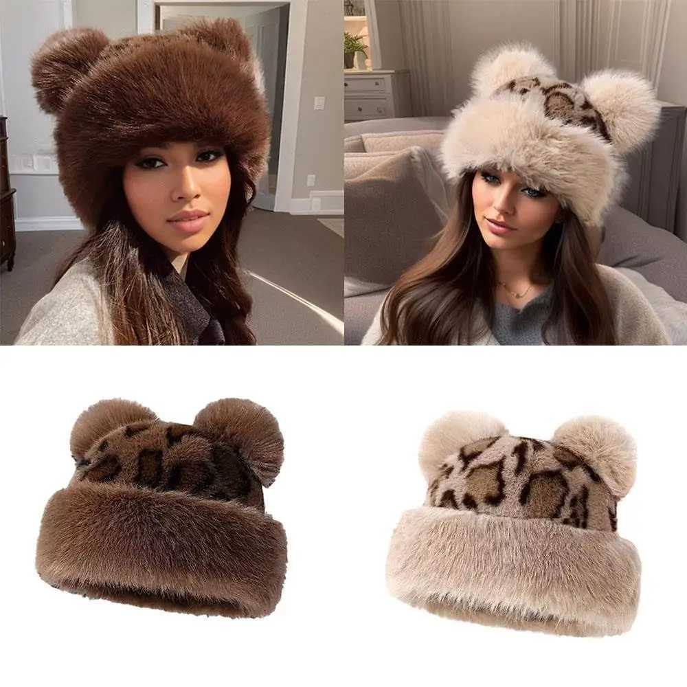 Ear Protection Hat Russian Hat Leopard Print Bear Ears Plush Thick Warm Fluffy Fur Winter Outdoor Snow Ski C Soft Bucket HatXJ250910