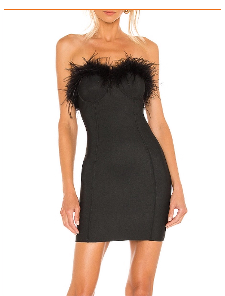 Skirts Women's Black Strapless Feather Trim Bodycon Mini Dress, Fashion Party Cocktail Dress