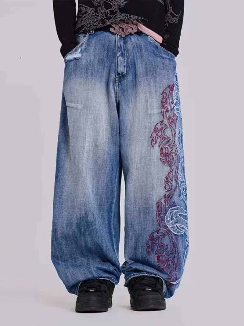 American Fashion Trend New Old Pattern Embroidery Baggy Jeans Women Y2K Gothic Harajuku Casual High Waist Wide Leg Trousers Z250910