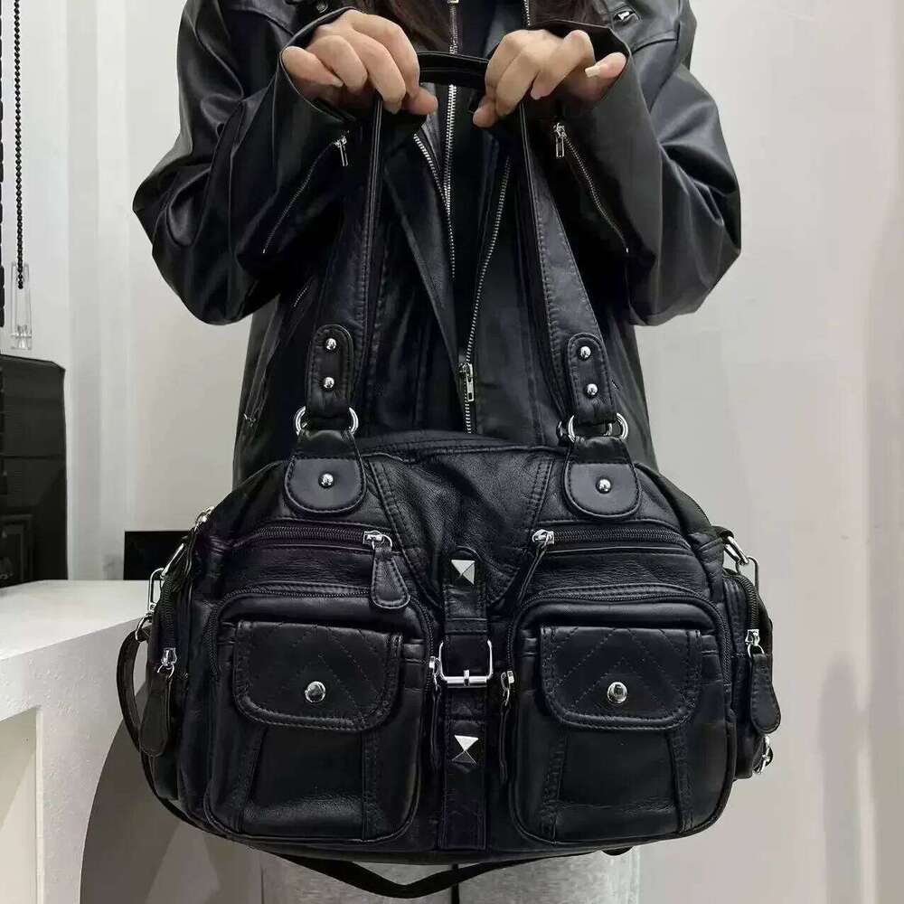 Ladies' Fashionable Retro Vintage Hot Girl Motorcycle Tote With Large Capacity Y2k Washed Vegan Leather Shoulder Bag