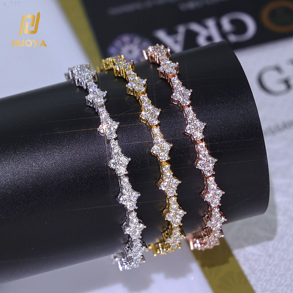 NUOYA Hiphop Jewelry Iced Out VVS Diamond Flower Shape Tennis Chain 925 Sterling Silver Moissanite Tennis Chain Womens Bracelet