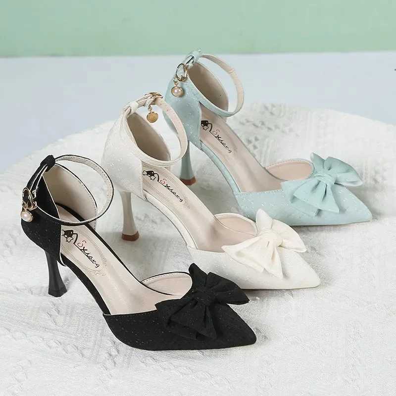 2024 Summer New Slim Heel Shoes with One Line Buckle Hollow Pointed High Heels Fashion Bow Womens Shoes W250910