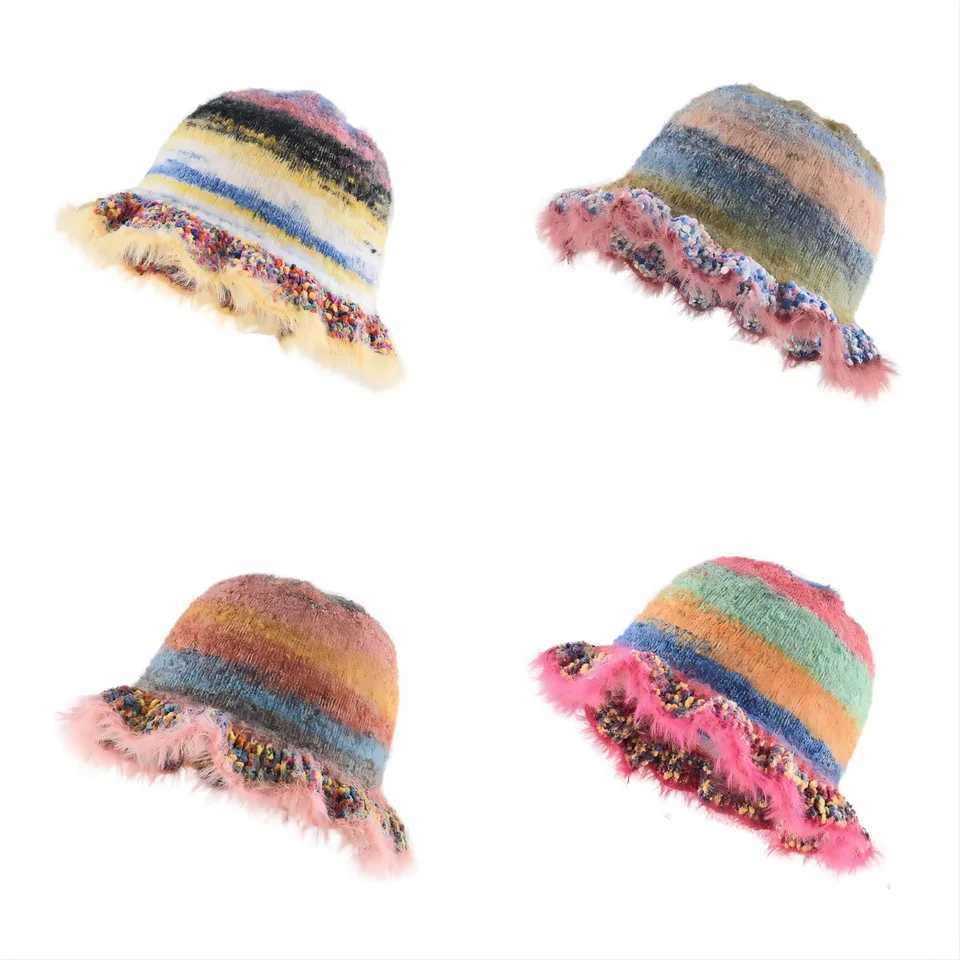 Ins Color Gradual Change Striped Wool Hat Autumn Winter Cute Handmade Plush Hat Big Head Circumference Knitted Bucket HatXJ250910