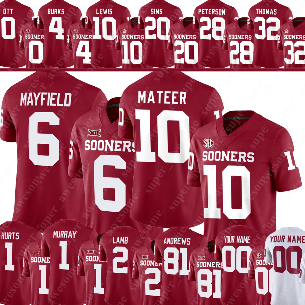 John Mateer Oklahoma Sooners Football Jersey Deion Burks Jaydn Ott Kyler Murray Danny Stutsman CeeDee Lamb Baker Mayfield Mark Andrews Jalen Hurts Billy Sims Watts