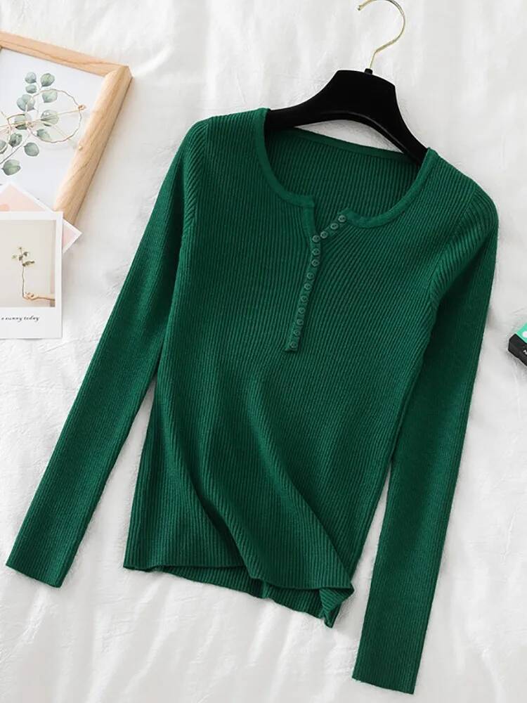2025 Autumn Winter Button V Neck Sweater Basic Slim Pullover Women Sweaters And Pullovers Knit Jumper Soft Warm Tops dongdumaoyi
