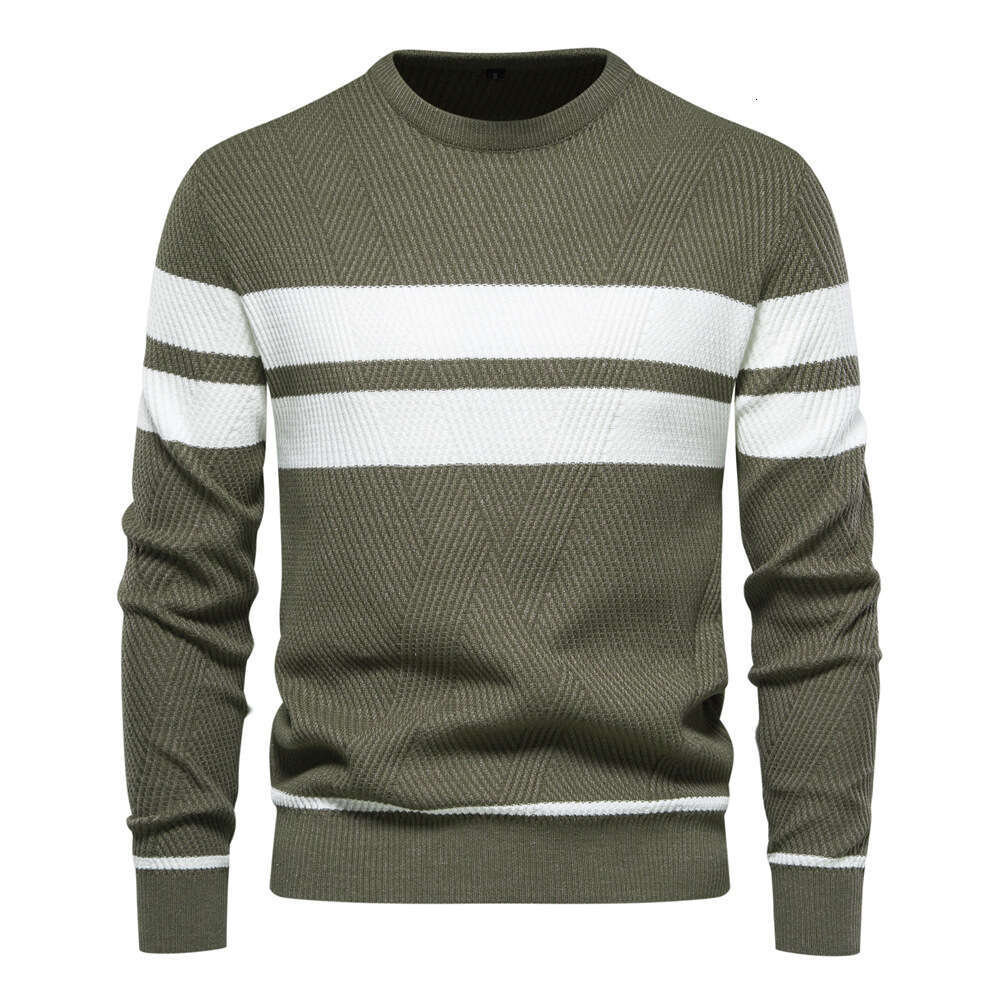 In stock autumn and winter casual striped pullover color block round neck men's European size knitted sweater