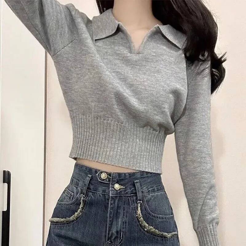 Xpqbb Korean Chic Turndown Collar Sweaters Female Gray Slim Fit Long Sleeve Cropped Sweater for Woman Streetwear Knit Pullovers dongdumaoyi