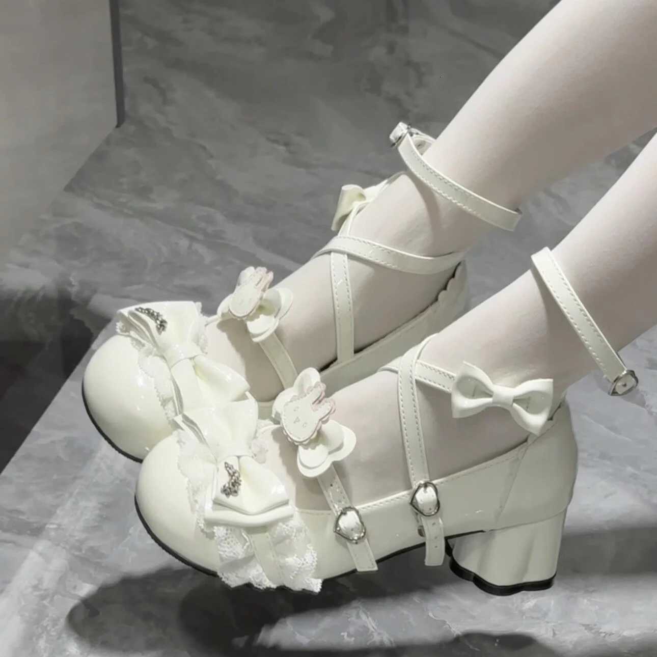 Lovely Girls Lolita Bowknots Rabbit Pumps ShoesWomen Students Cute Cat Claw Heel Ankle Straps Mary Janes W250910
