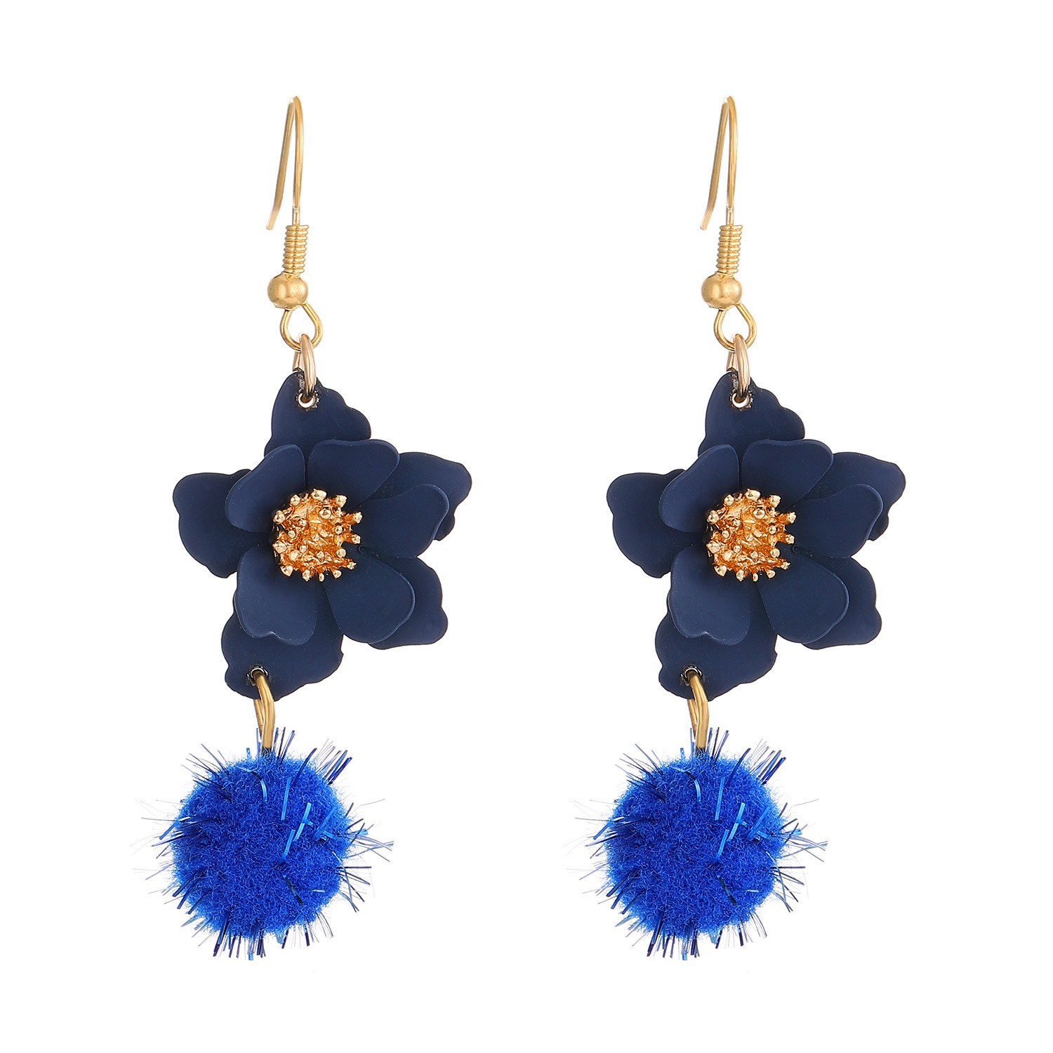 New Colorful Matte Flower For Women Creative Design Gold Thread Pom-Pom Petal Drop Earrings