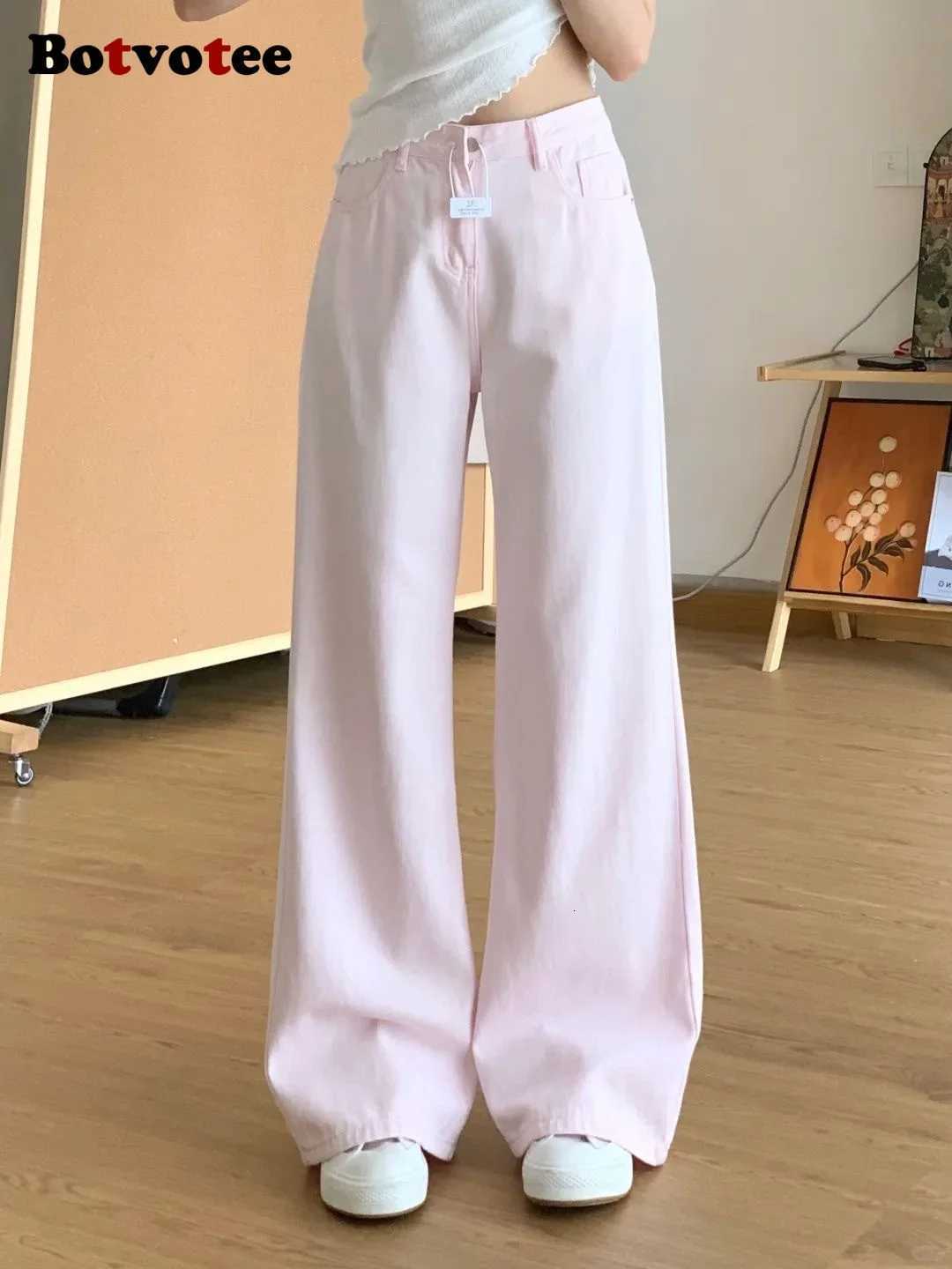 Botvotee Pink Classic American Denim Jeans for Women Retro High Waisted Wide Leg 1950s1960s Inspired Jeans Casual Pants Z250910