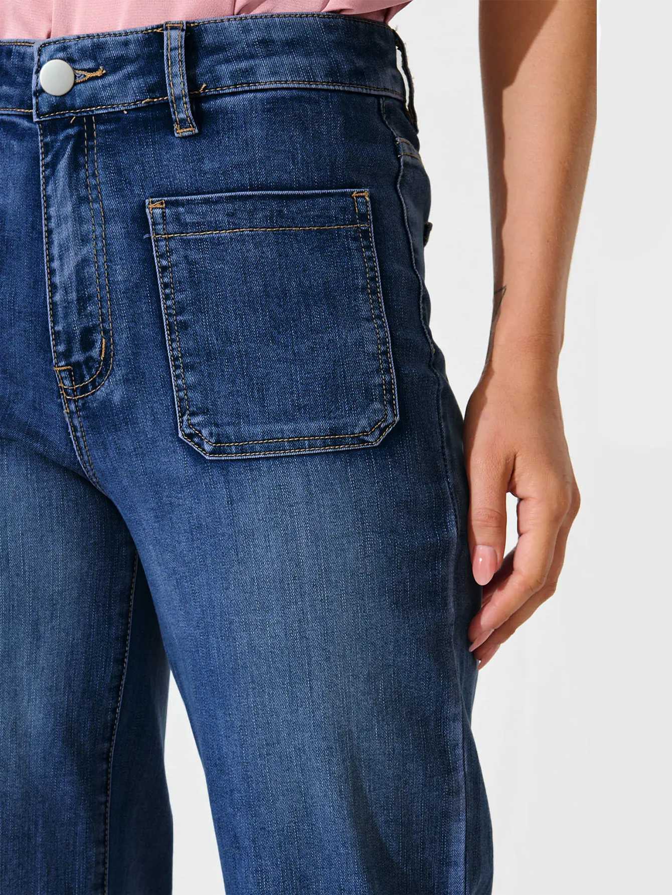 2025 New Womens Dark Blue MidRise Wide Leg Jeans Vintage Stretch Fabric Comfortable Soft Classic Casual Button Placket Jeans Z250910