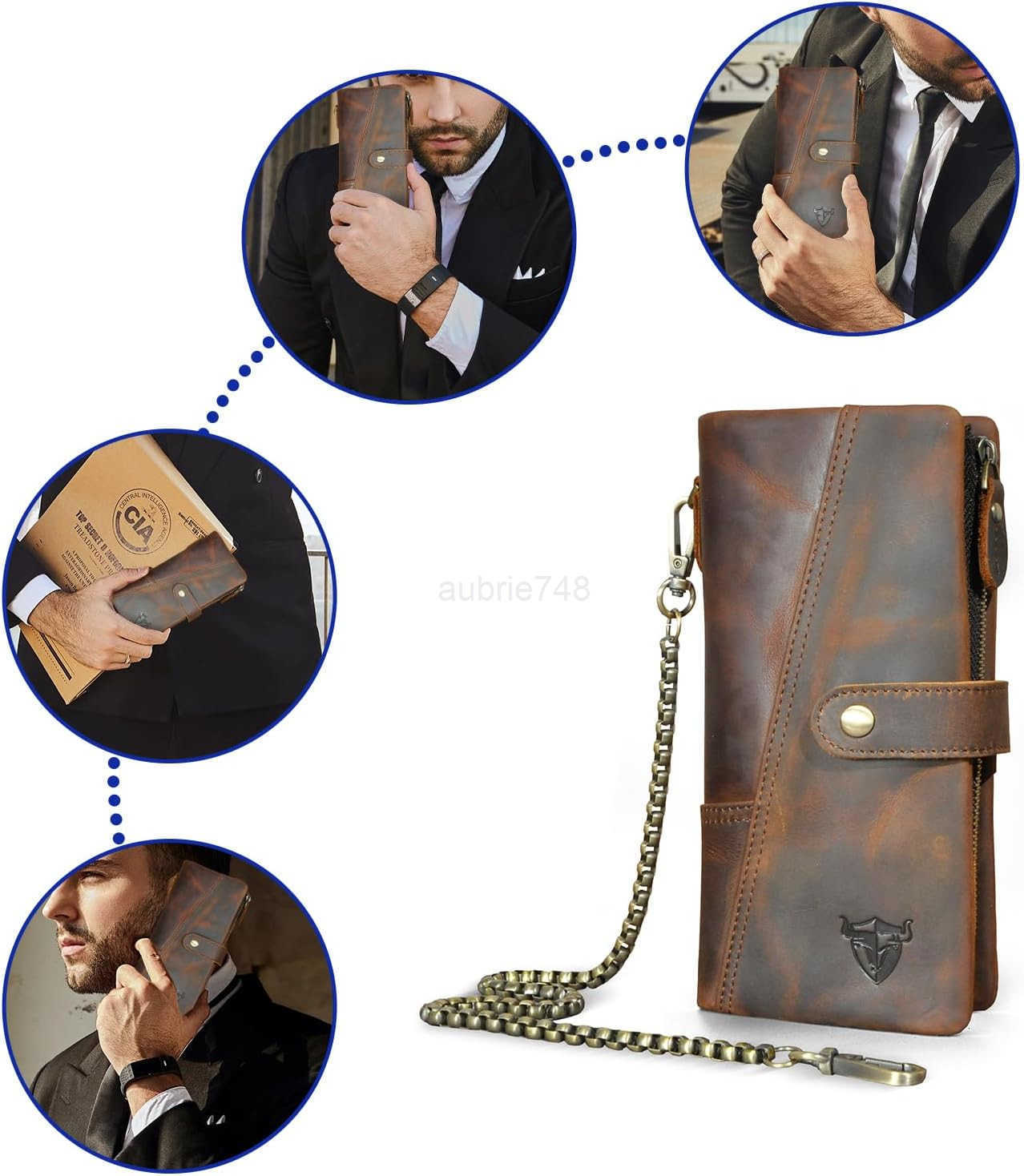 Genuine Crazy Horse Leather Travel Gift Coin Pocket Card Case Long Organizer Chain Rfid Wallet Purse With Snap For Men Male 1803 1803 BrownZ250910