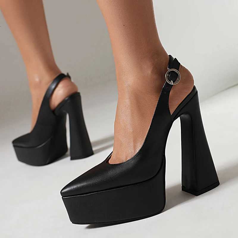 LIHUAMAO Pumps high heel shoes women slingback heel pointed toe ankle strap platform shoes party office lady chunky heel W250910