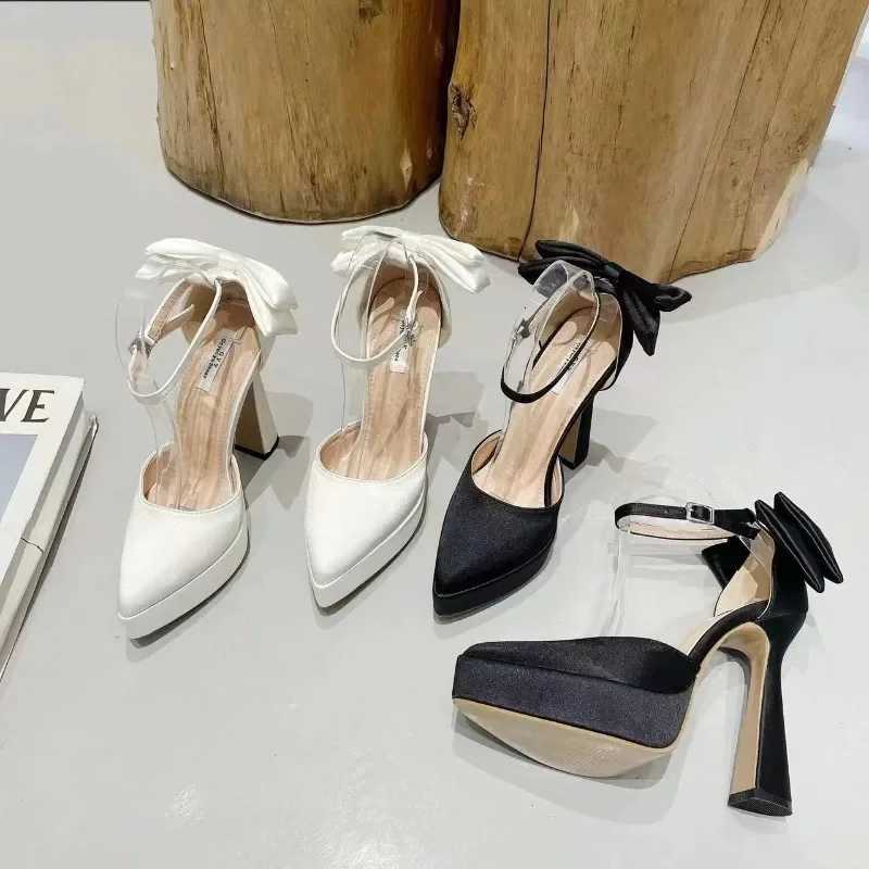 High Heels Women 2024 Summer New Fashion Satin Face Pointed Toe High Heel Sandals Bow One Word Buckle Thick Heel Womens Shoes W250910
