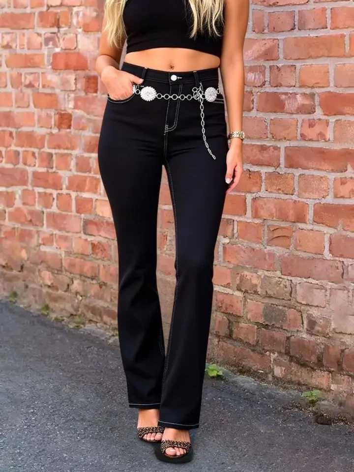 HMEWomenS HighWaist Bootcut Jeans with Geometric Embroidery BuiltIn Zipper Stretch Denim Slim Fit MultiButton Detail Z250910