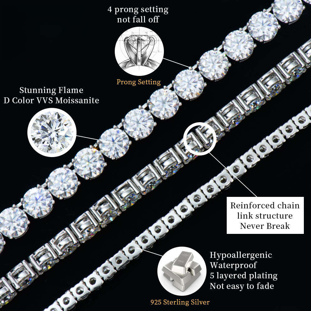 Worldwide Shipping White Gold Sterling Sier Round Brilliant 2-6mm Moissanite Tennis Bracelet Engagement for Man Women