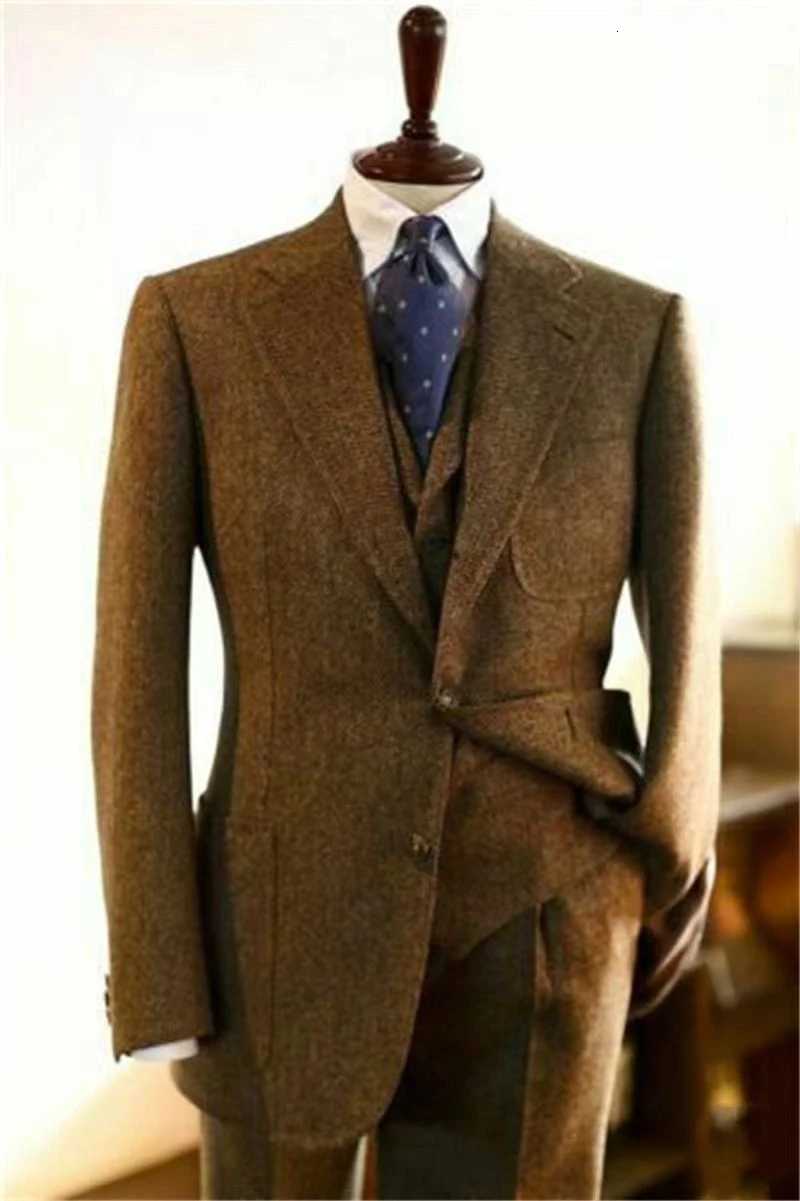 Brown Wool Tweed Men Suits For Wedding Business Formal Groom Tuxedo Herringbone Male Fashion 3 Piece Suits JacketVestPants W250910