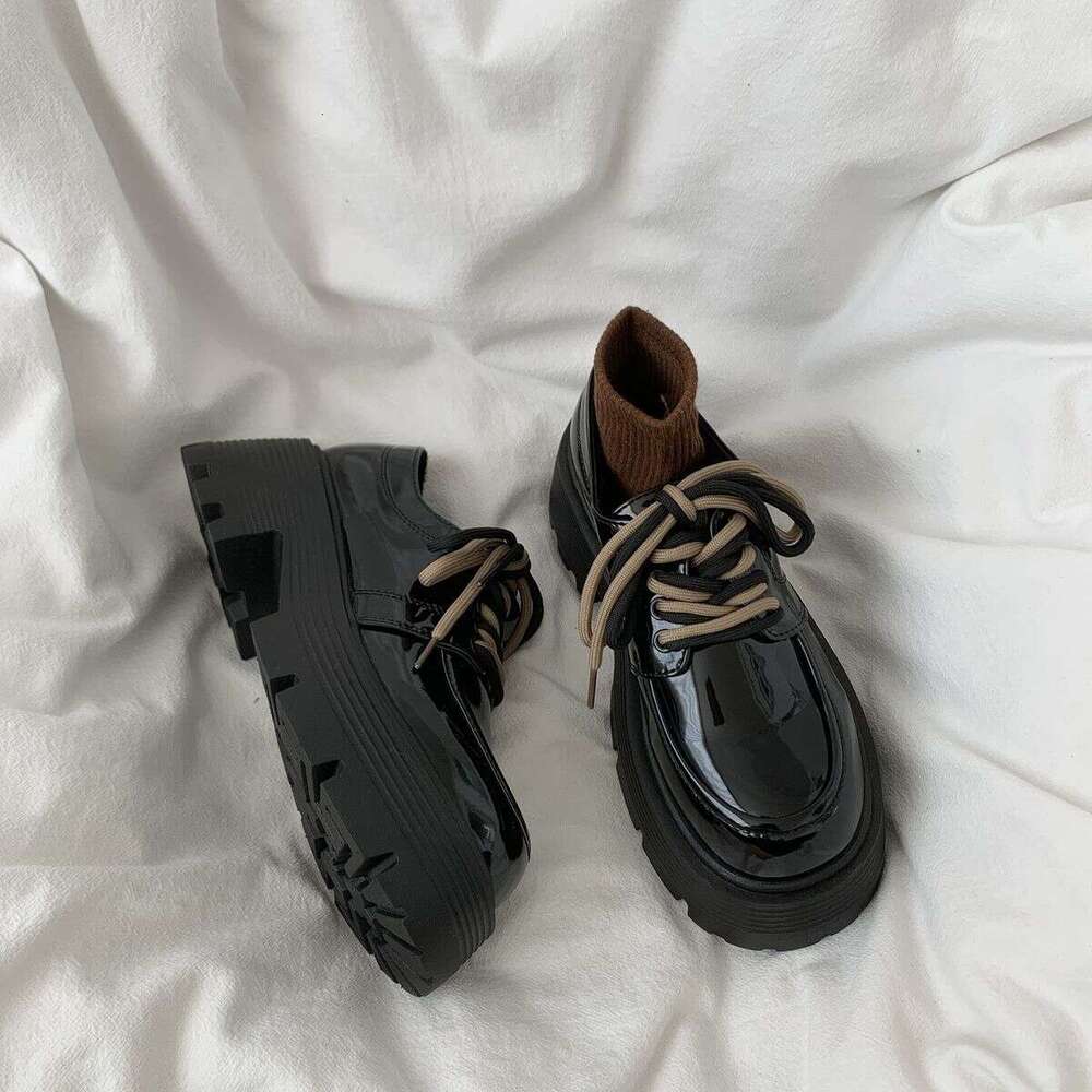 Chunky Heel Thick Sole Height Increasing Lace-up Black Designer Shoe Leather for Women 2025 Autumn New British Style Single Shoes