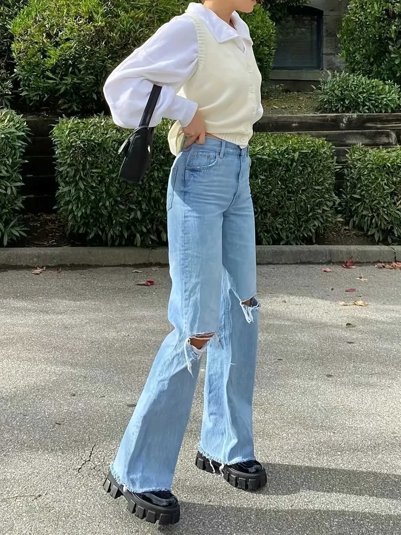 2025 new womens wideleg ripped slightly flared jeans highwaisted nonelastic comfortable and versatile the best choice f Z250910