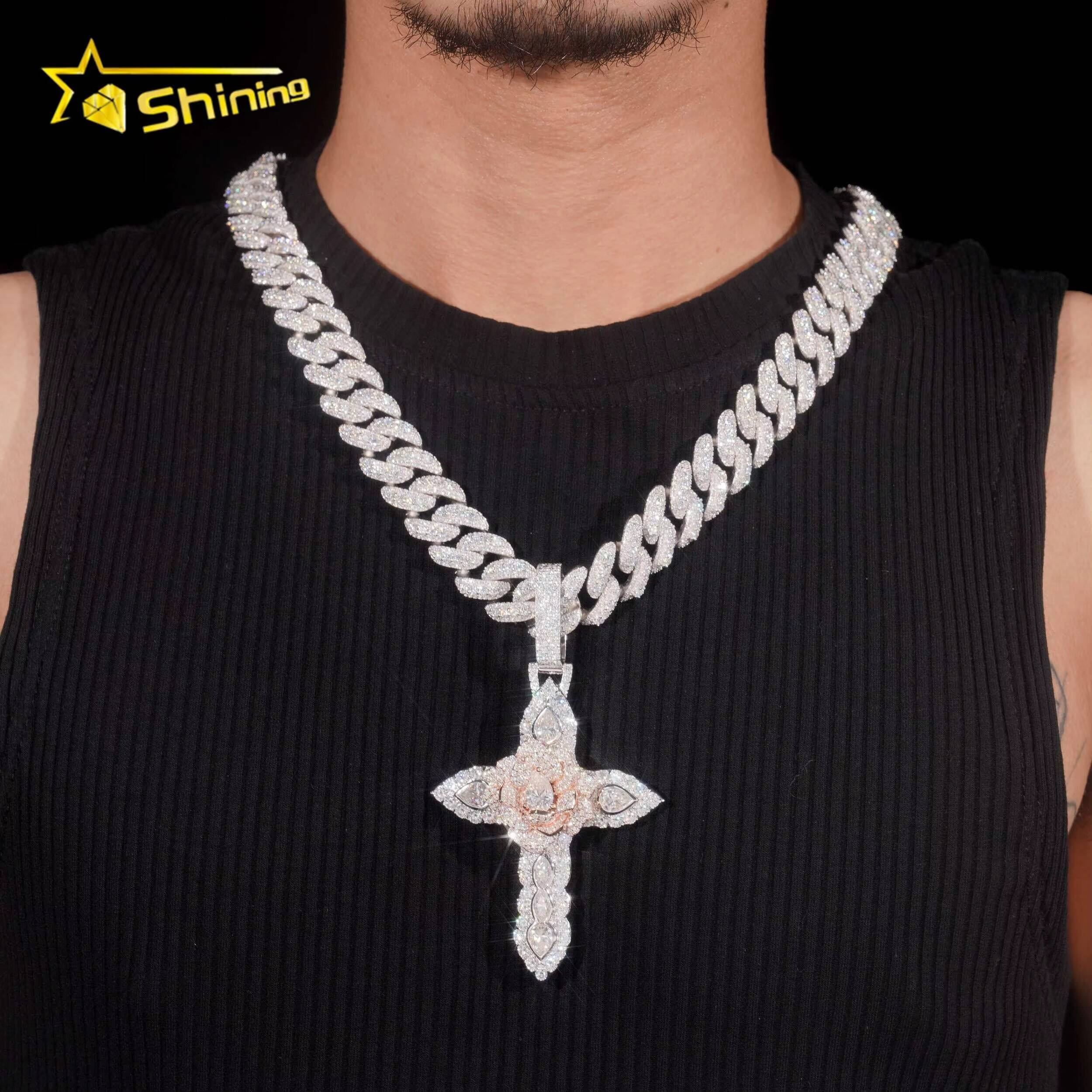 Solid Heavy Two Tone VVS Diamond Hip Hop 925 Silver Iced Out 3D Custom Moissanite Cross Pendant
