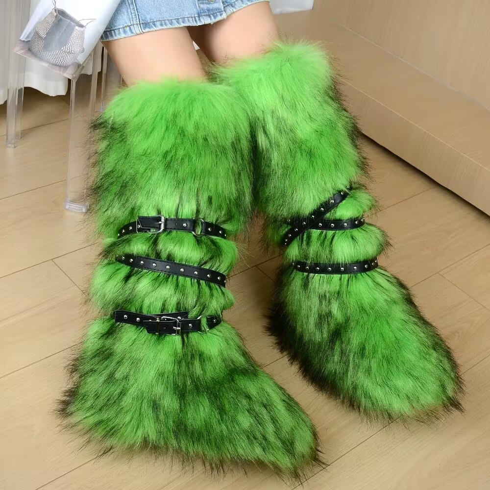 Hot girl sexy 40cm high top snow boots 2025 new cross belt buckle fur long fur boots