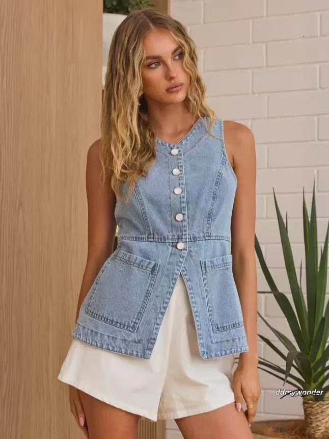 Women's Summer Fashion Casual Slim-Fit Button-Up Denim Vest ddmywonder ddmywonder ddmywonder