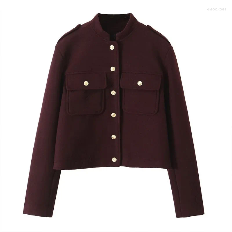 Women's Jackets ZBZA Retro Wine Red Cropped Jacket Stand Collar Long Sleeve Buttoned Epaulettes Patch Pocket Coat Fall Winter