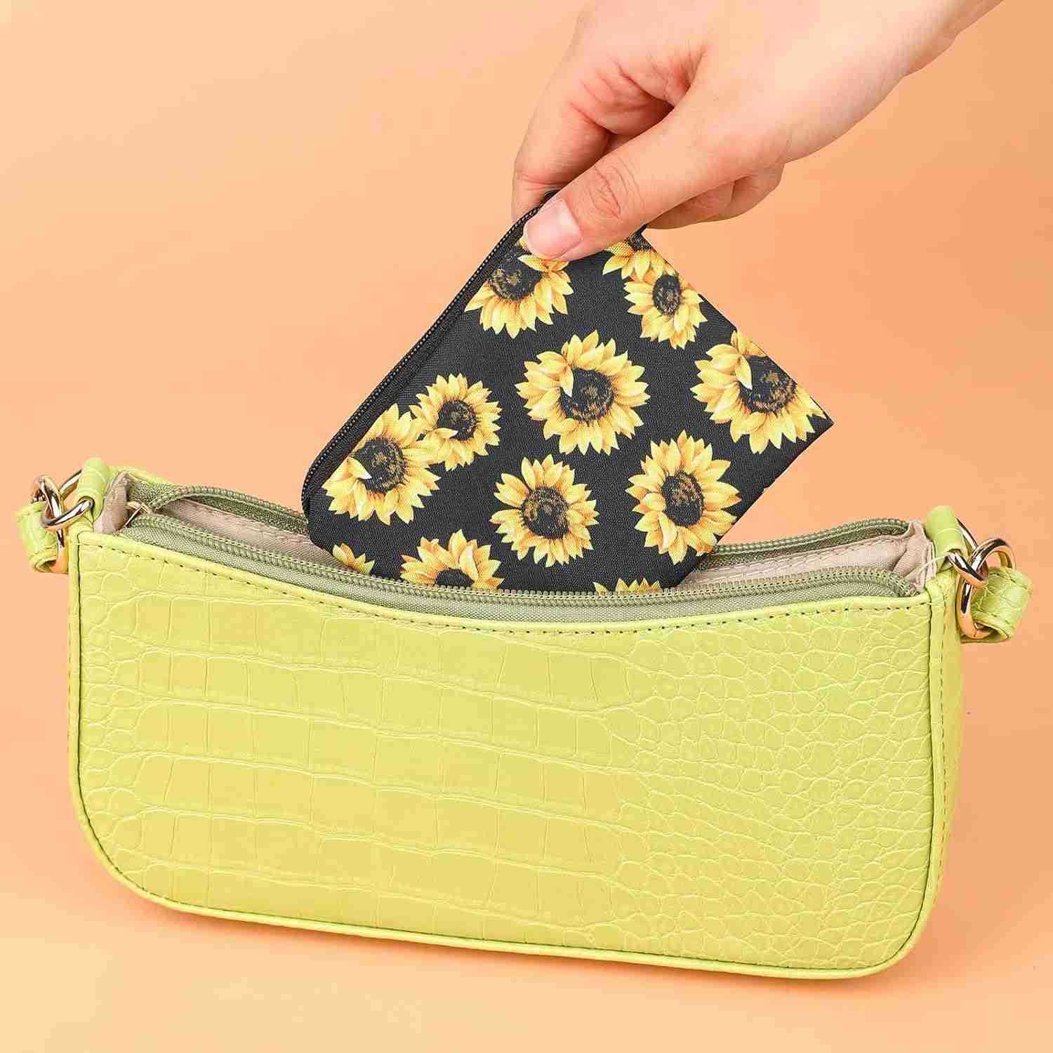 2 Pcs Sunflowers Coin Purse Fabric Coin Pouch with Key Ring Zipper Heart Coin Bag Small Black Canvas Purse Pouch Travel Portable Keychain WalletZ25091