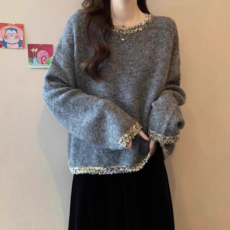 2025 French New Thick Craftsmanship Shiny Knitted Sweater Grey Women's Sweater Autumn/Winter Plus Size Fat MM Basic Shirt design Lightweight Desi