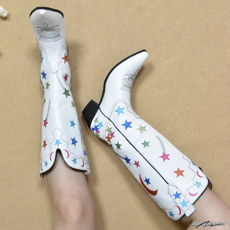 White Boots Star Western Knee High Shoes For Women Plus Size 43 Cowgirl Vintage Embroider Botte Cowboy Femme 240724 ddmywonder