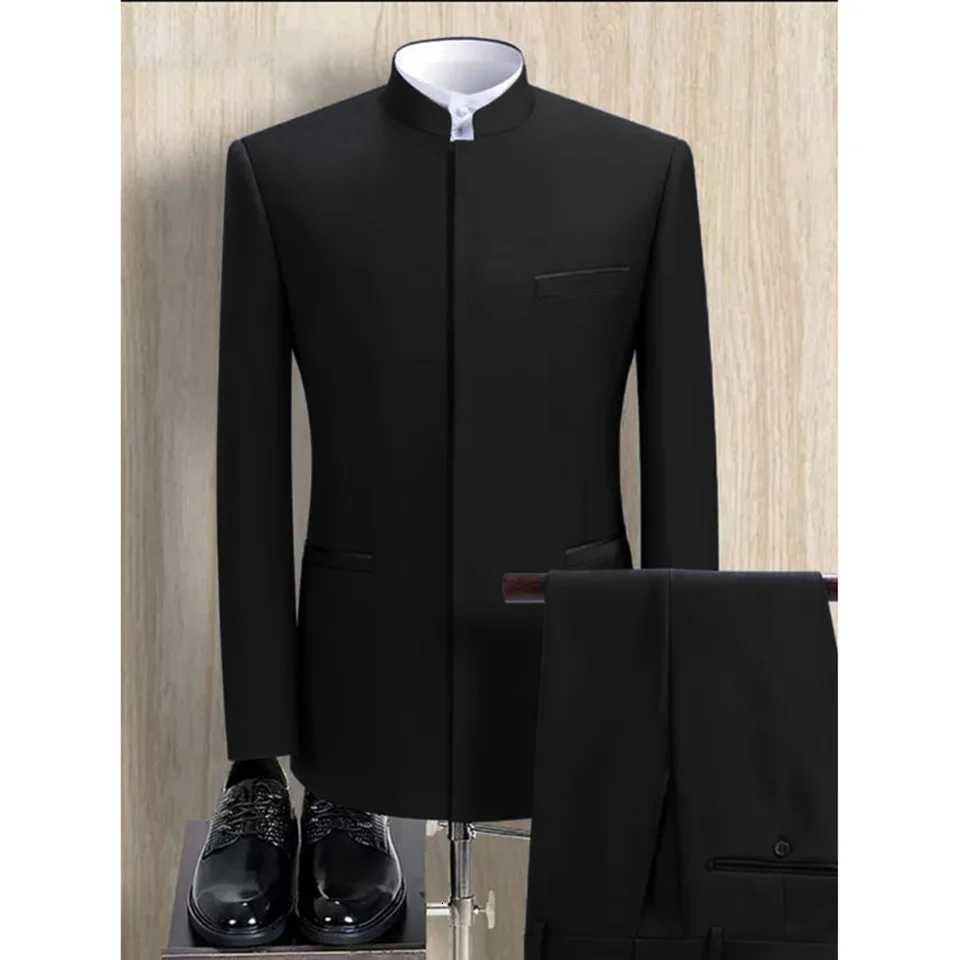 Fashion Solid Men Suits 2 Piece Stand Collar Long Sleeves Formal Outfits Chic Business Casual Wedding Tuxedo BlazerPants W250910