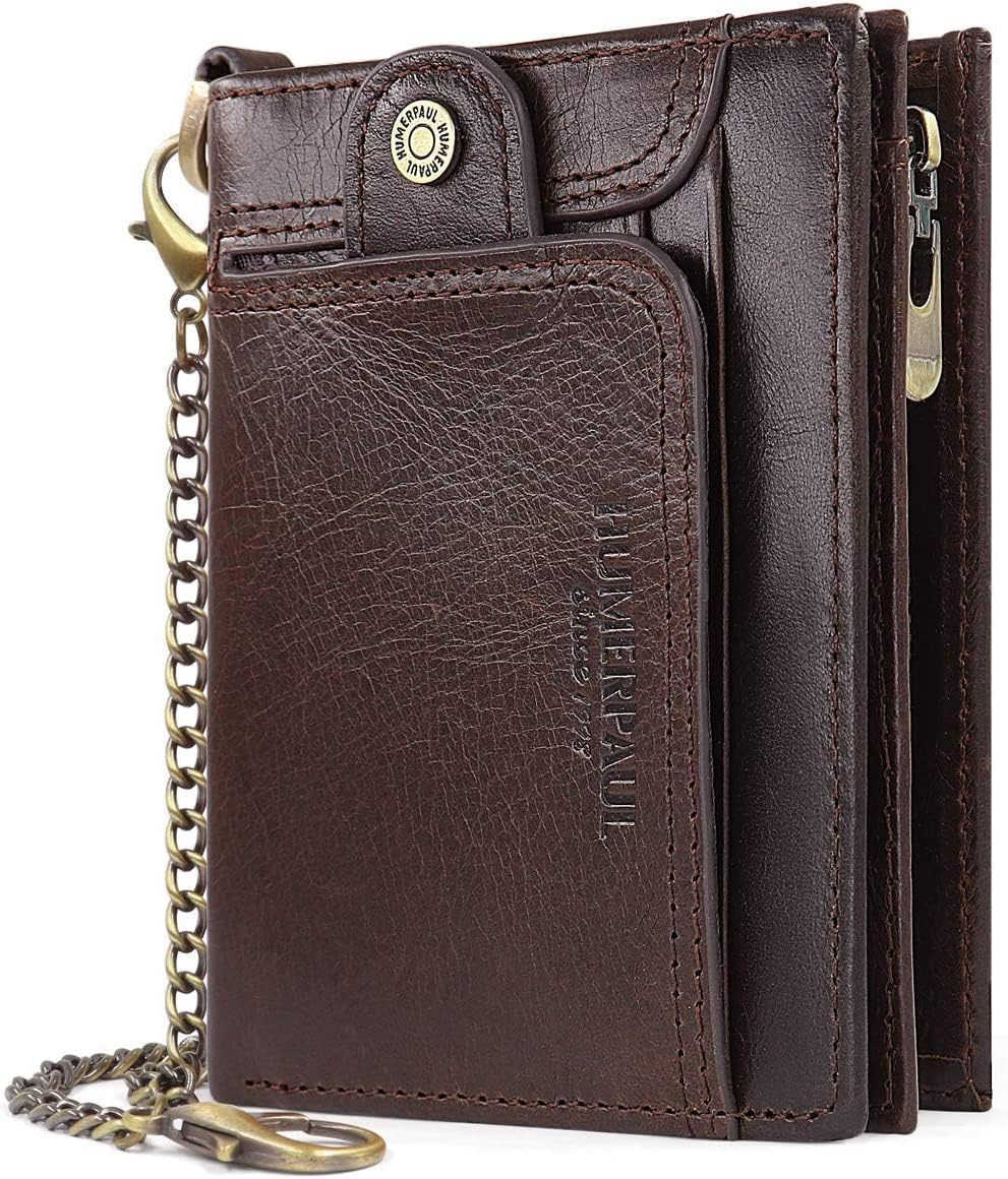 Chain Wallet for Men Genuine Leather Bifold Wallets Rfid Blocking Men Purse with Zipper Coin Pocket CoffeeZ250910