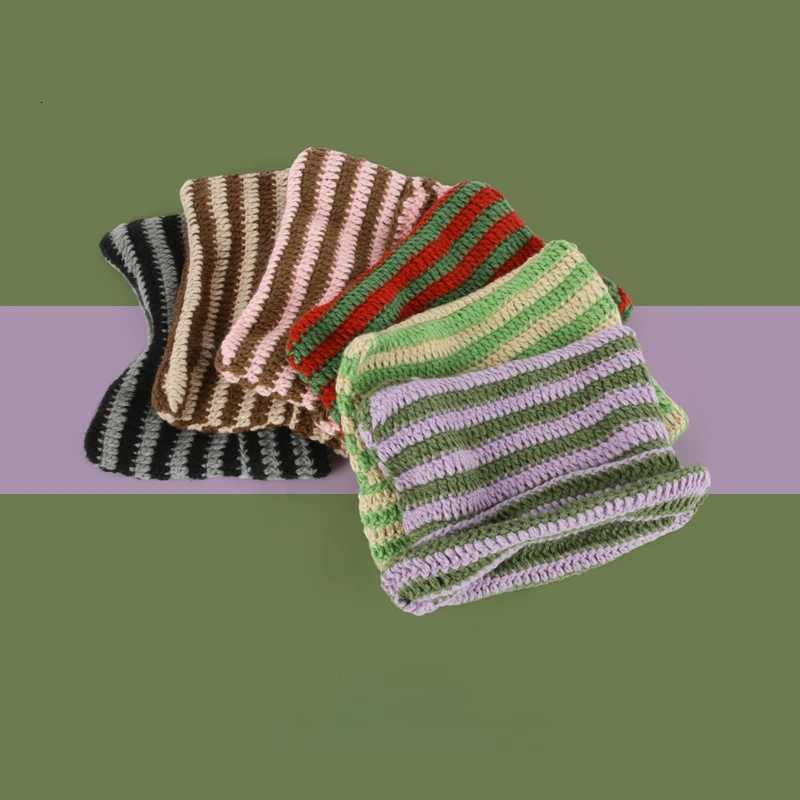 2025 Beanie Hat Ins Little Devil Striped Knitted Wool C Autumn and Winter Crochet Cute Cat Ears Pointed Pulr Womens HatsXJ250910