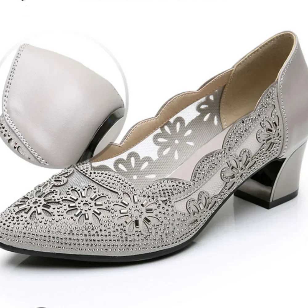 Fashion Hollow Out Genuine Leather Pumps Women Shoes Med Heels Square Diamond Mesh Ladies Office Crystal Pointshoes W250910