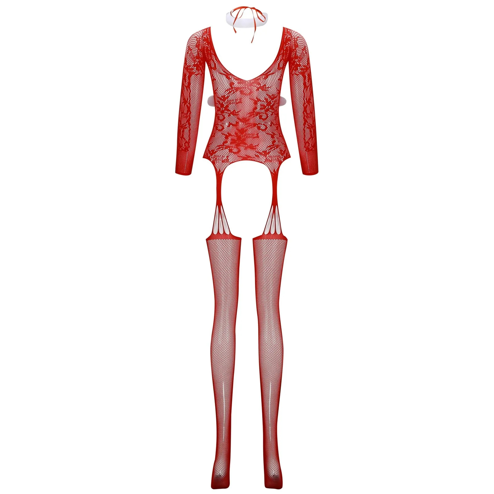 Festive Feminine Fantasywear: Cozy Holiday-Inspired Fishnet Jumpsuit with Undergarment Features Christmas Sexy Hollow Passion Role Play Red Tights Und