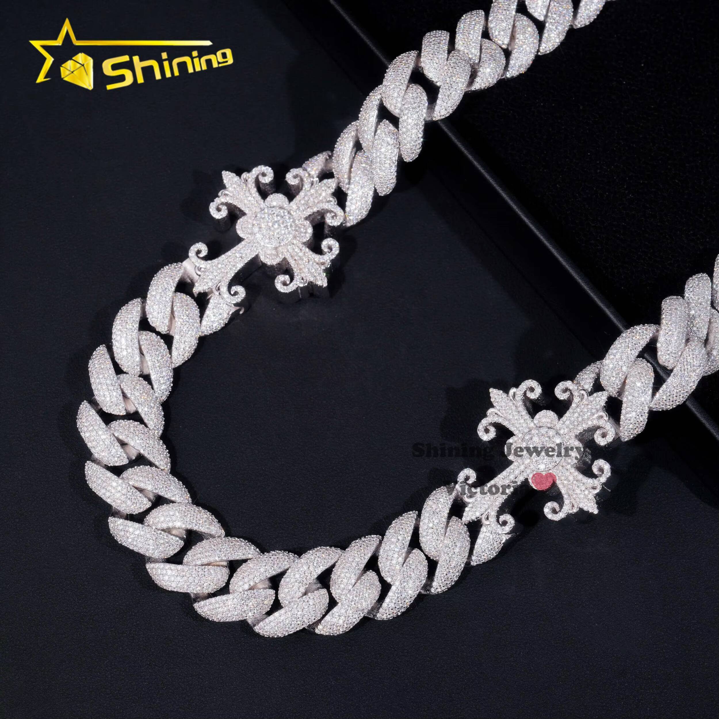 Custom Luxury Heavy Chain for Men 18MM Soild Silver Rappers Necklace Hip Hop Jewelry VVS Moissanite Diamond Cross Cuban Chain