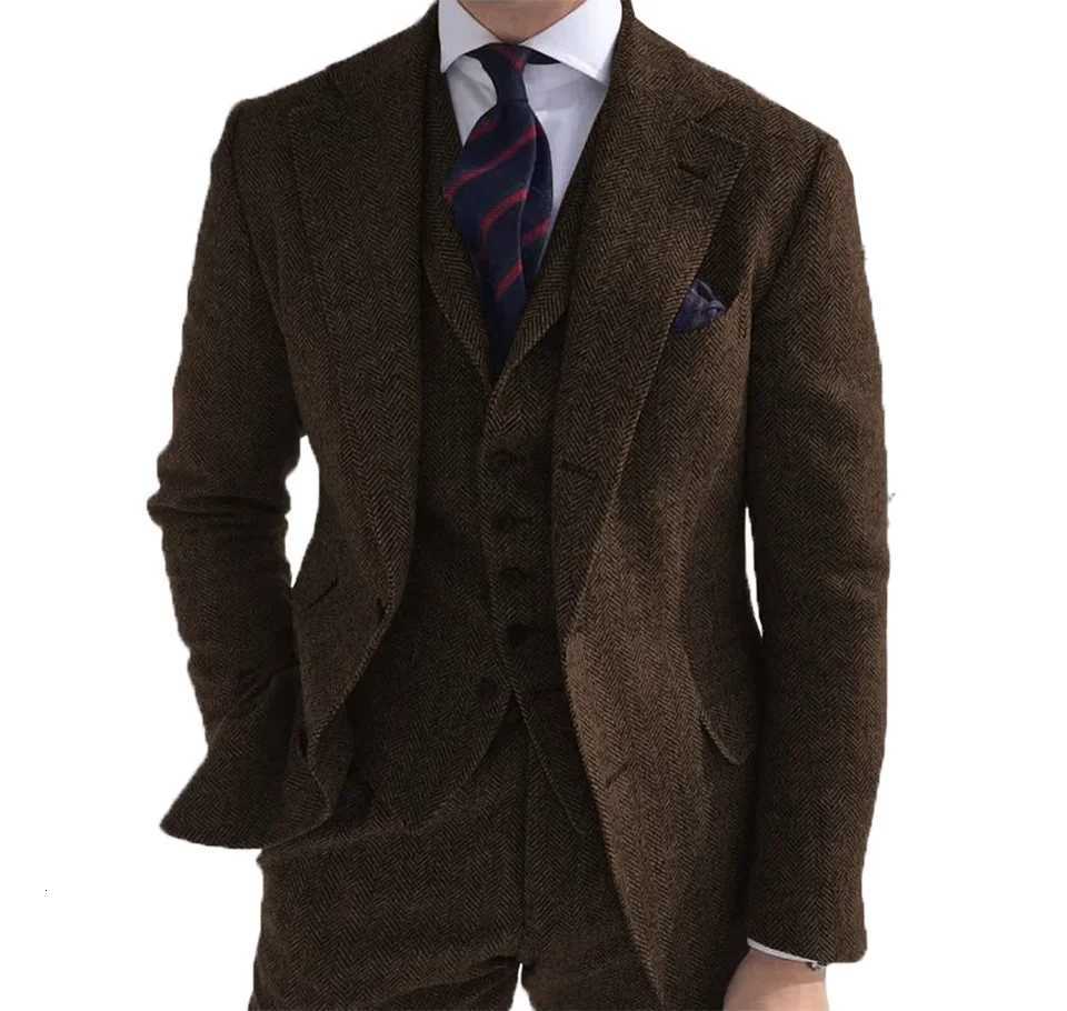 High Quality Mens Suit Set Fashion Wool Tweed Herringbone 3 Pieces Jacket Pants Vest Slim Fit Formal Wedding Grooms Coats New W250910