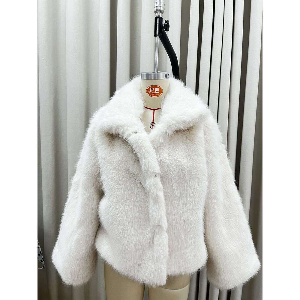 Real Shot - Turn-Down Collar Plush Faux Fur European and American Cross-Border Autumn Winter Fashion Comfortable Casual Warm Coat Top