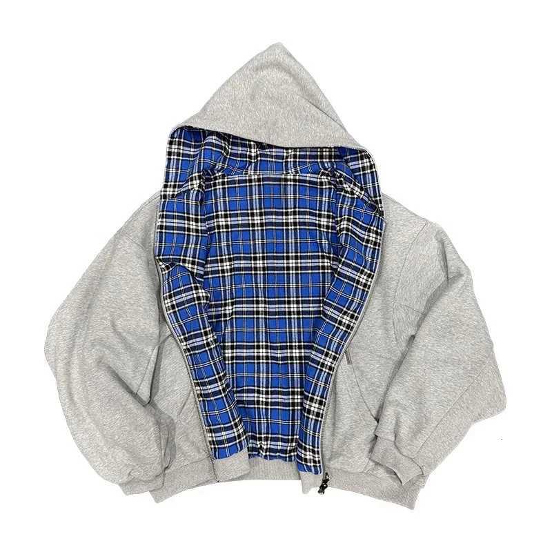 Grey Casual Spring Oversized Reversible Hoodies Women Men Strtwear Clothes Hoodie With Plaid Lining Sweatshirt Strtwear Tops X250910 L251018HS0M