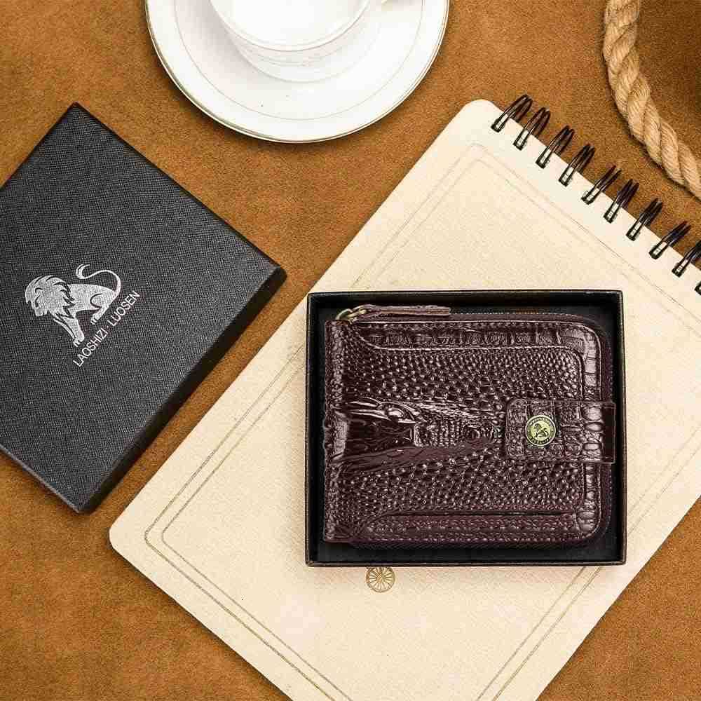 patterned wallet Genuine Leather Wallet for Men Large Capacity ID Window Card Case with Zip Coin Pocket CoffeeZ250910